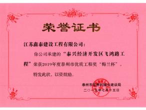 我公司承建的通园路、仙鹤湾桥梁、飞鸿路工程被评为2019年度优质工程“梅兰杯”奖